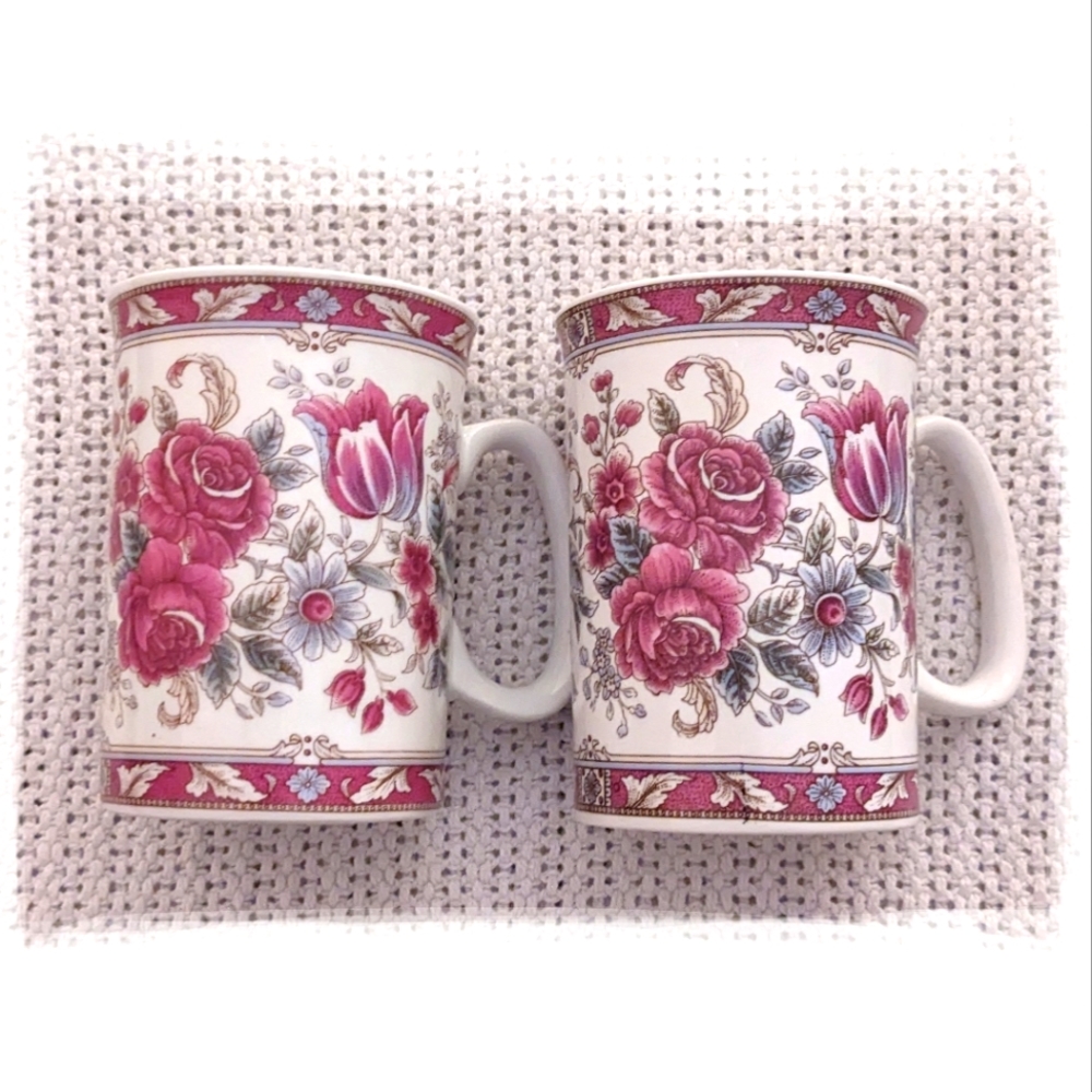 🆕 2 Fine Bone China Collector Tea Cups Pink Roses, Crown Ceramics Ltd NWOT